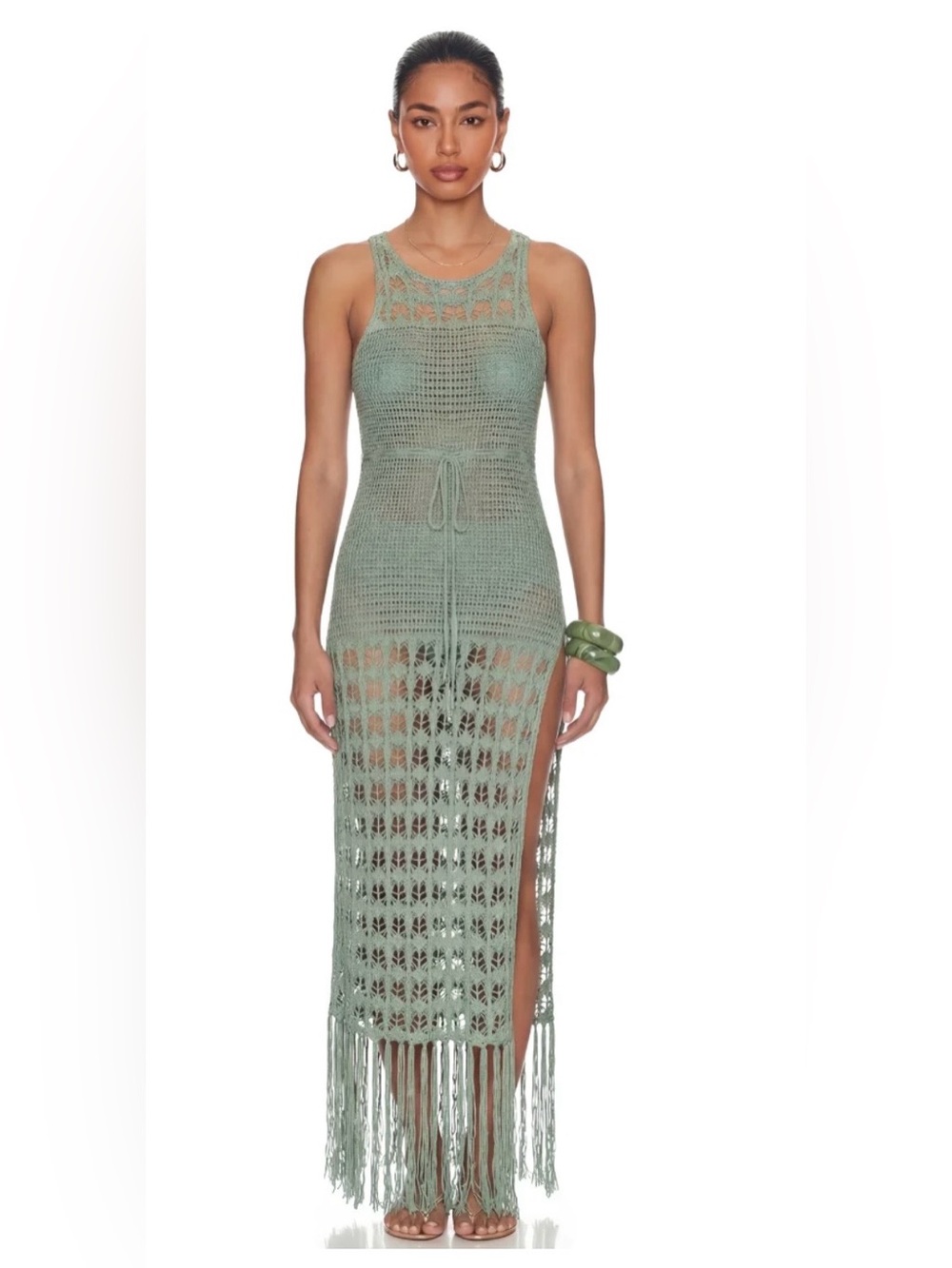 Crochet Maxi Swim Cover-Up Dress in Sage Green